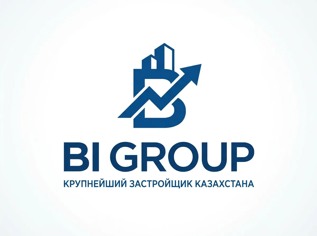Логотип BI Group — крупнейший застройщик Казахстана, узнаваемый корпоративный стиль на белом фоне